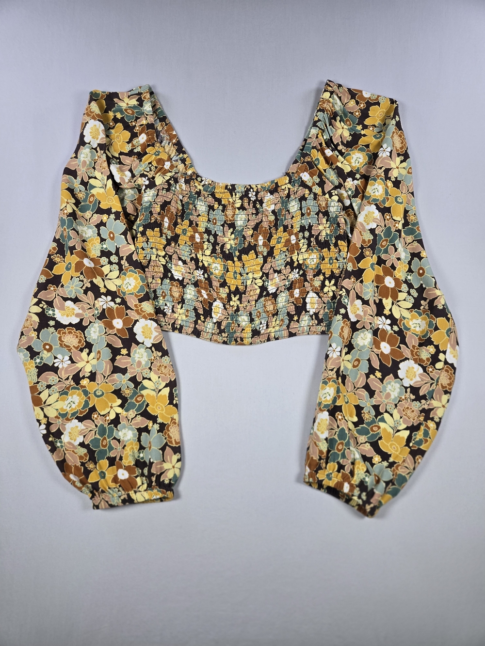 RVCA Saint Crop Top Floral Smocked Balloon Sleeve Brown Yellow Large